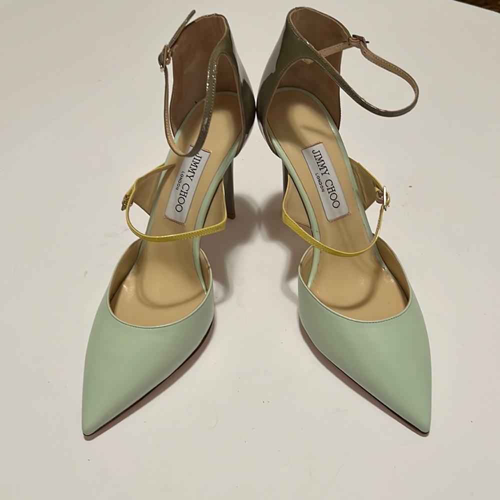 Jimmy Choo Typhoon Lime/ Lemon/ Pebble kid and patent leather heels with box